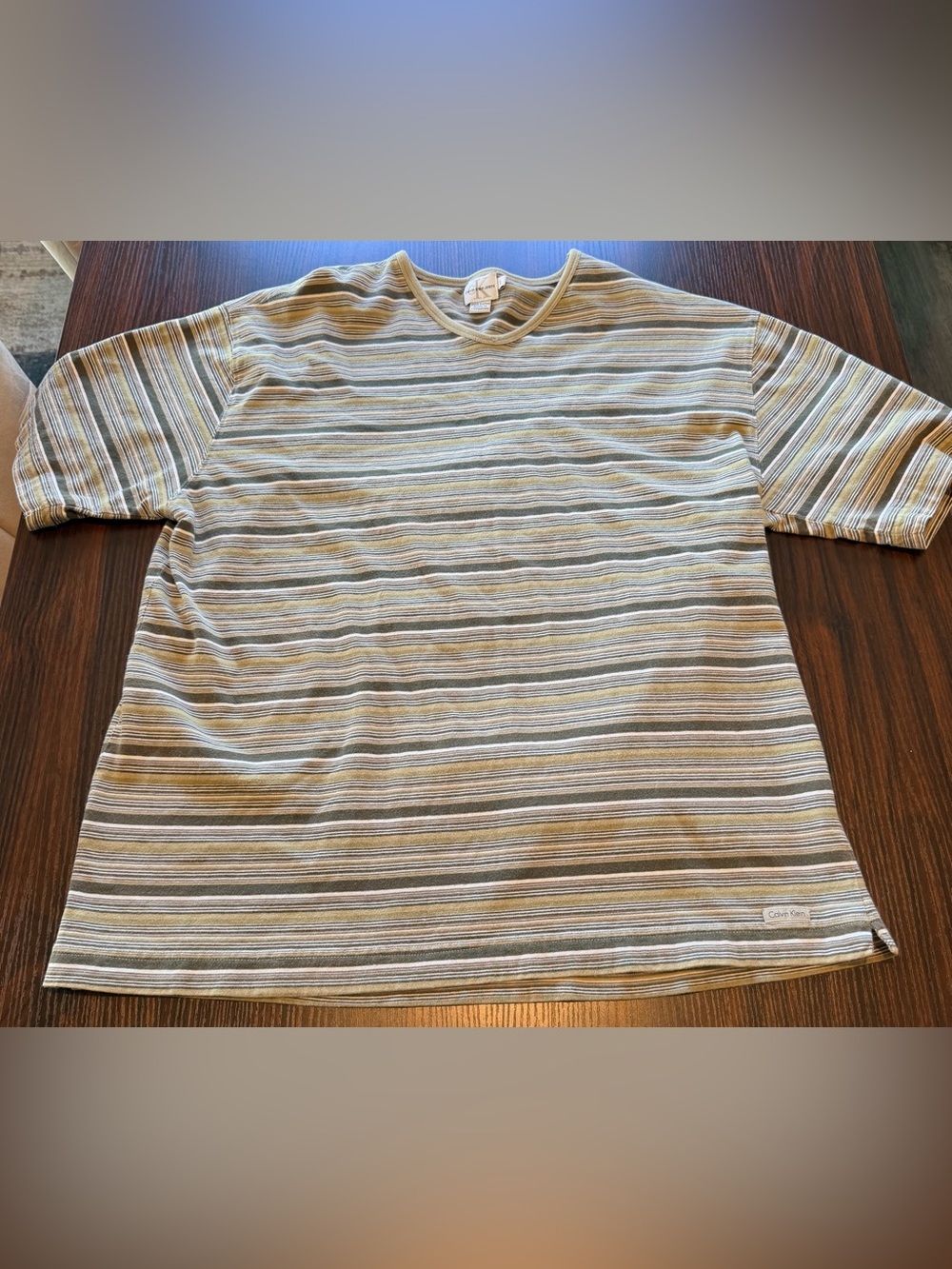 Calvin Klein Jeans Mens Earth Tone Olive Striped Vintage 90s Tee Shirt Size L